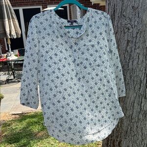 NYDJ Cream Blouse with Navy Geometric Print